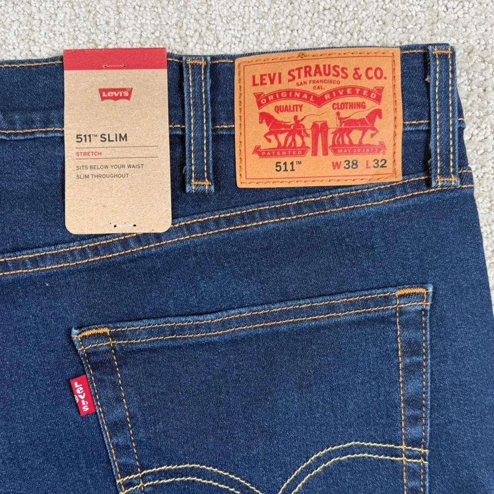 NEW Levis 511 Mens 38x32 Slim Fit Stretch Dark Denim Blue Jeans
